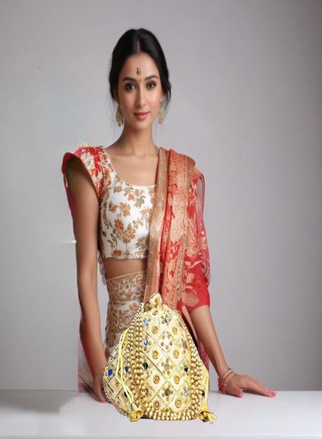 ATHZ Potli Bag Golden work wedding potli for ladies Gift for women handbags traditional Indian Wristlet with Drawstring Ethnic Embroidery Women Fashion Potli (Golden) - Image 4